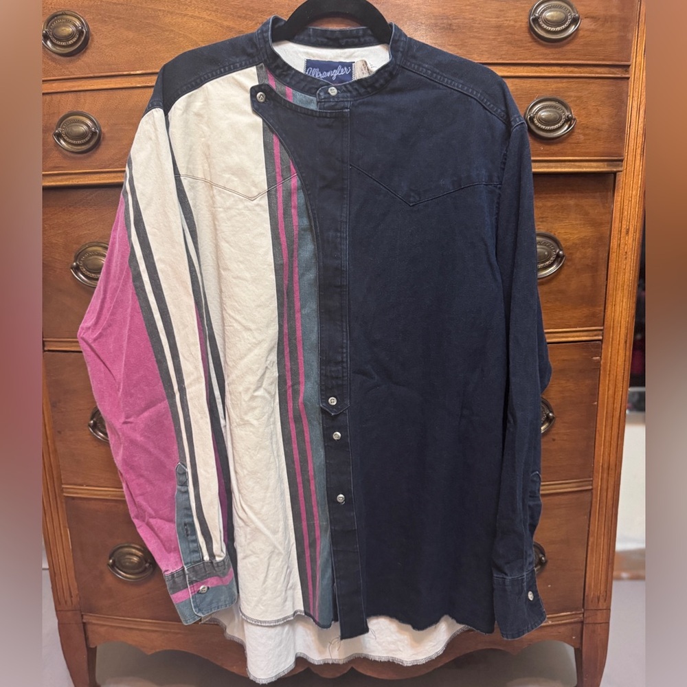 Wrangler Brushpopper Striped Color Block Mens Button Down size 16 1/2 x 35